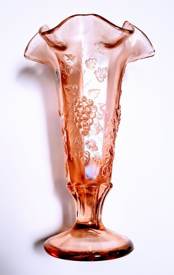 Fenton Pink Iridescent Glass Ruffled Vase Embossed Grapes Footed 7 5/8″
