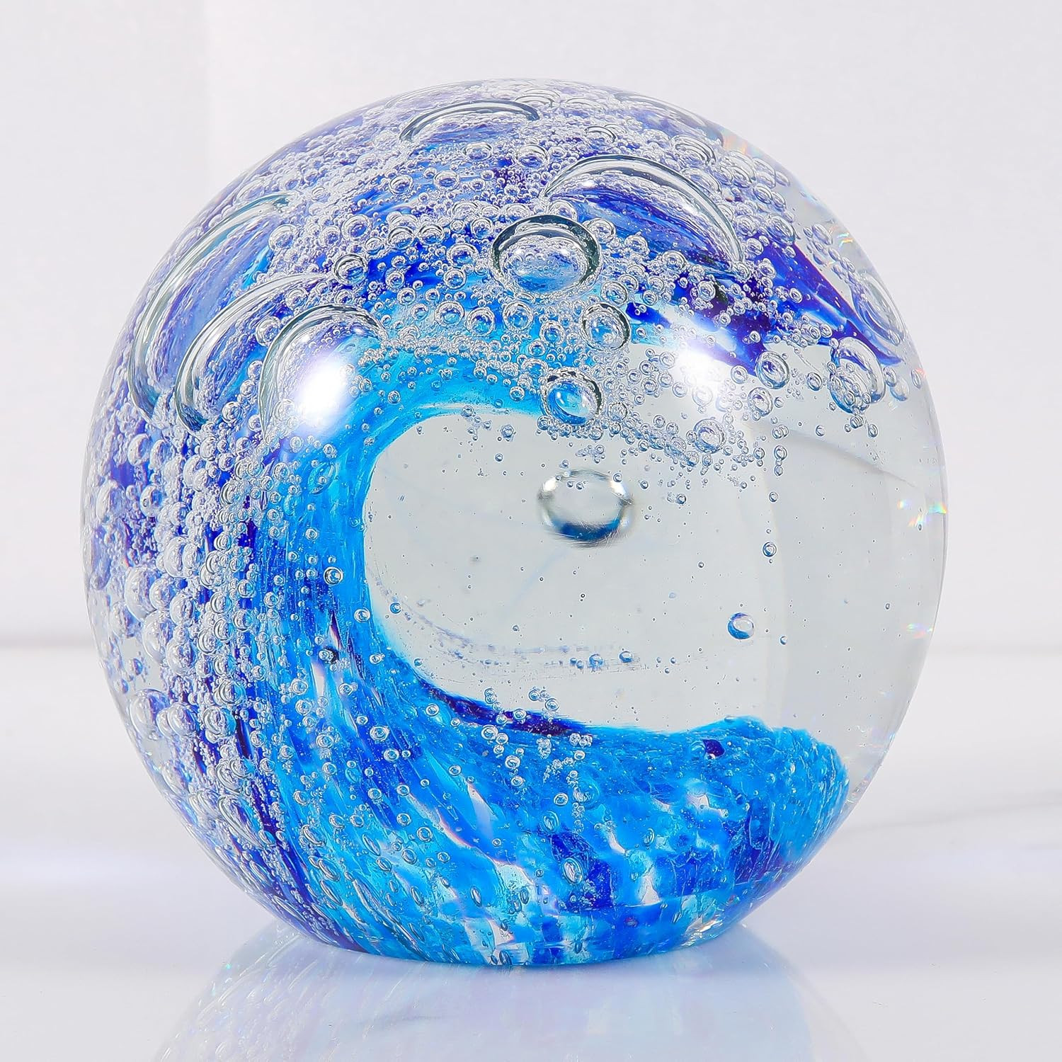 Qianwei Hand Blown Ocean Waves Crystal Ball – Glass Collectible Figurines Spere