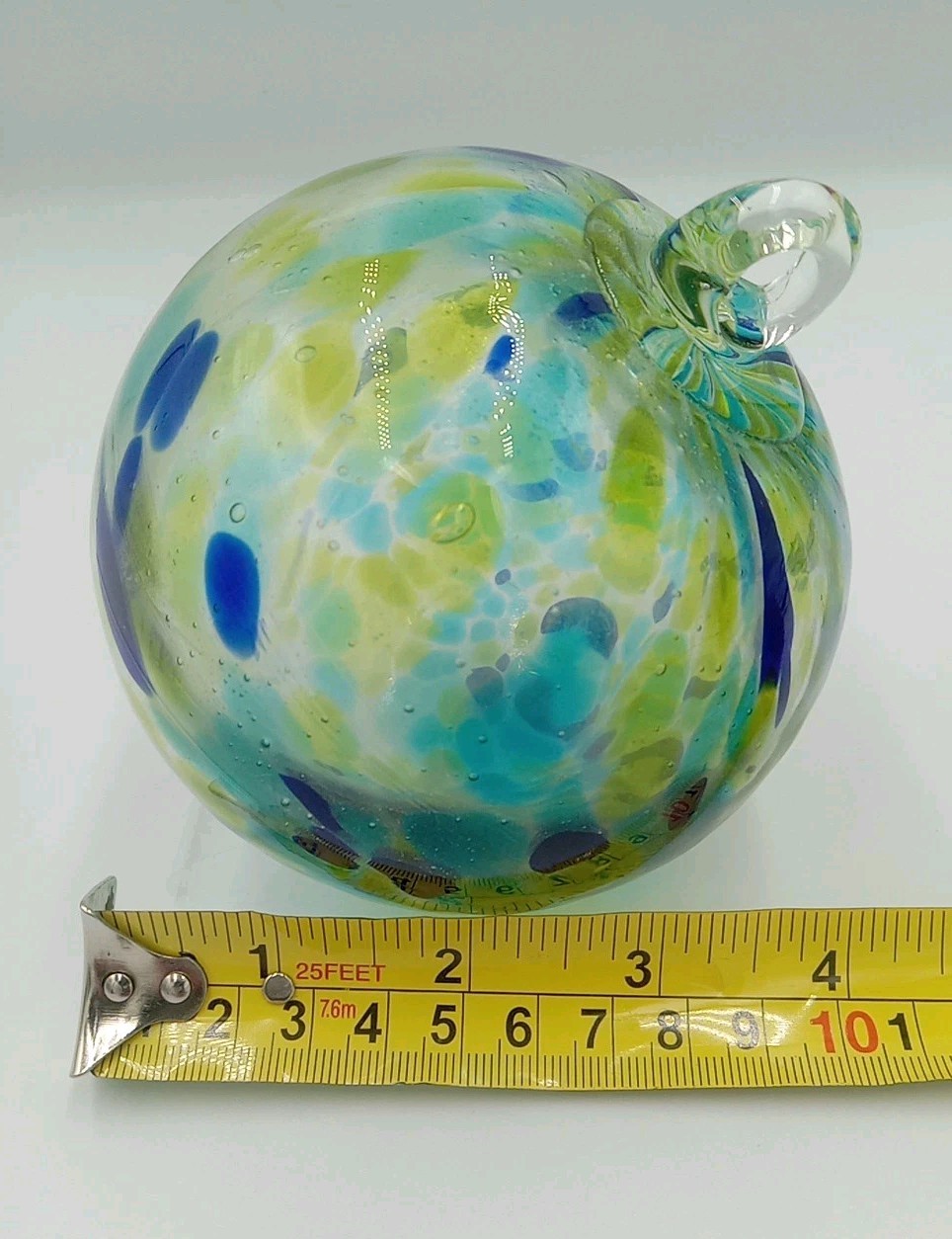 Green And Blue Multi Colored Ornament Orb, Hand Blown Art Glass