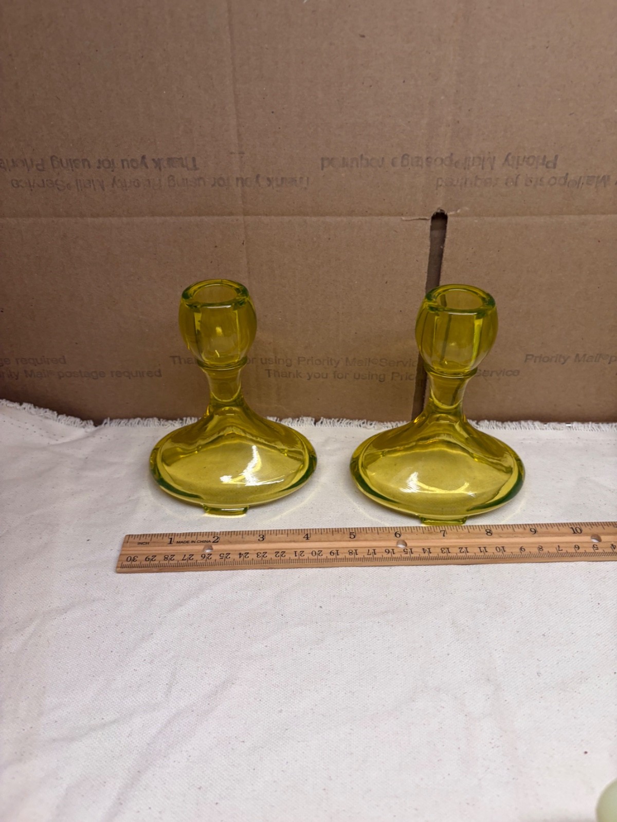 Vintage Fostoria candlestick pair URANIUM GLASS canary yellow vaseline