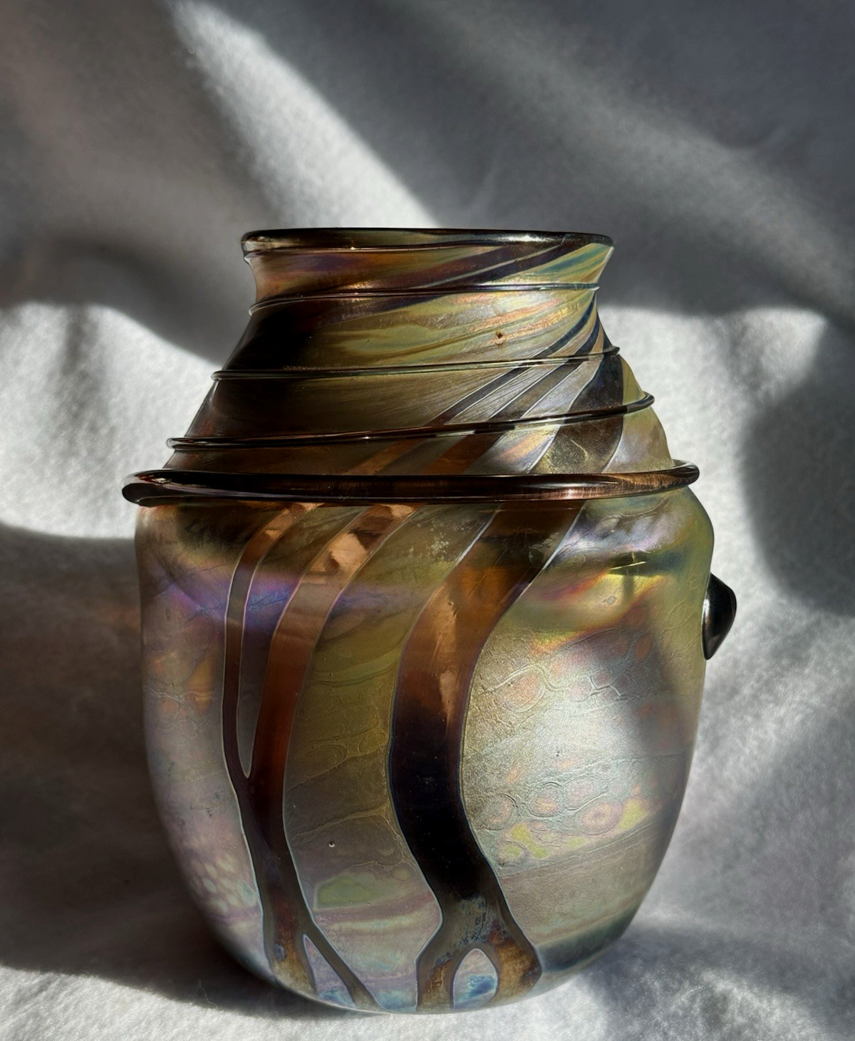 Hand Blown Iridescent Art Glass Oil Spot Vase Applied Ribbing Signed A. Allison