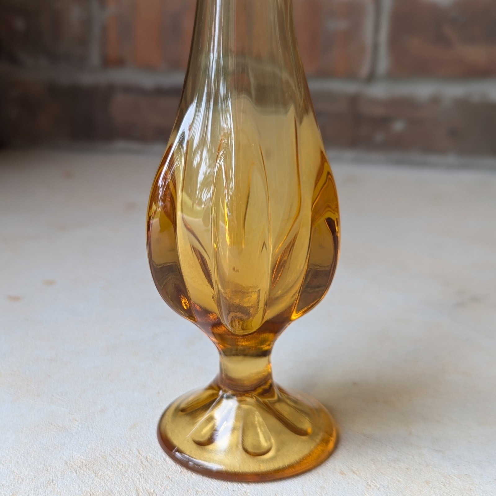 Viking Glass Swung Vase Amber Six Petal Footed Ribbed Vintage MCM 14″ Tall