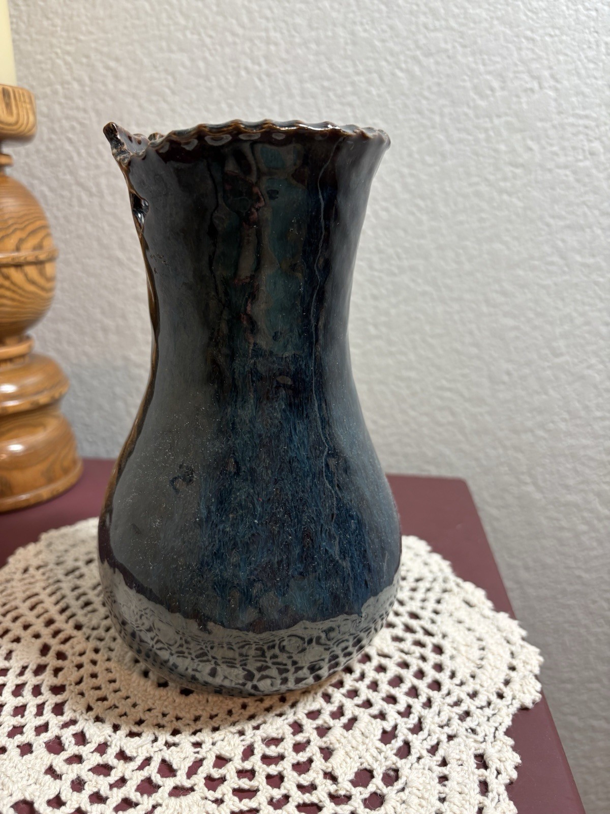Signed Mg Blue Vintage Ceramic Leaf Vase, 8″ Glossy Nature Pottery Incised ‘01