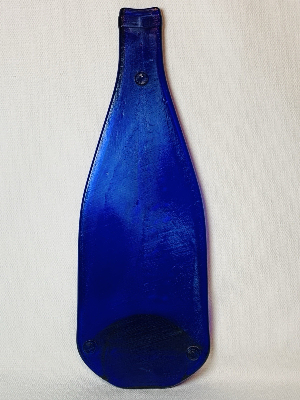 Cobalt Glass Art Blue Wine Bottle 13” Serving Tray Spoon Rest Flattened Melted