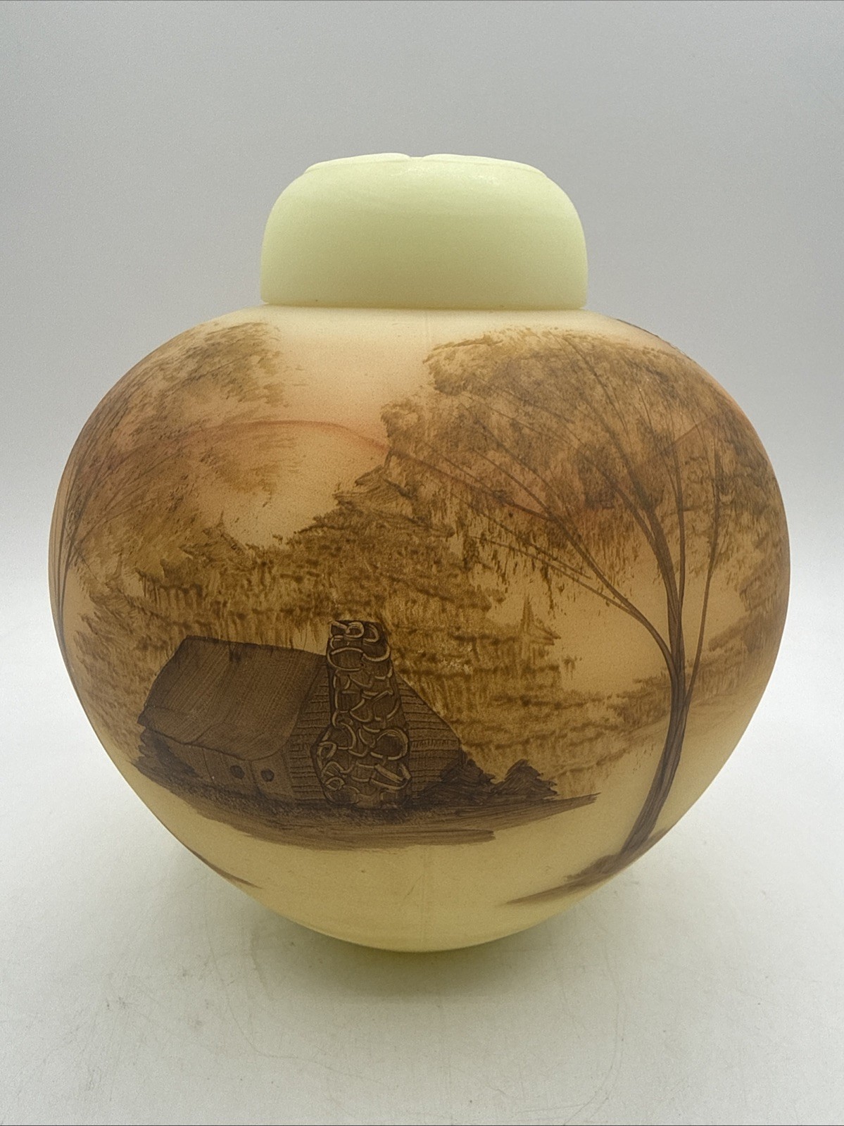 Fenton Burmese Ginger Jar Cabin in the Woods Hand Painted Signed Glows