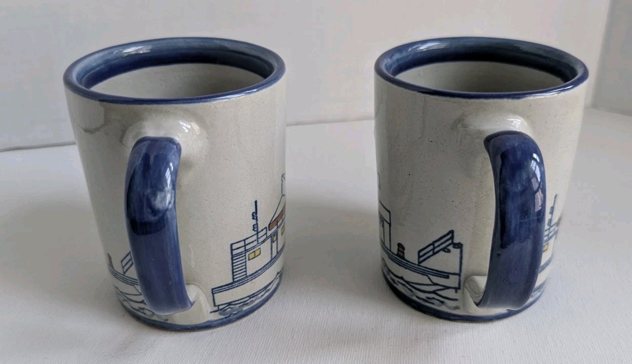 Rare Louisville Stoneware Pottery ACBL Advertising Fish Troller Barge 2 Mugs