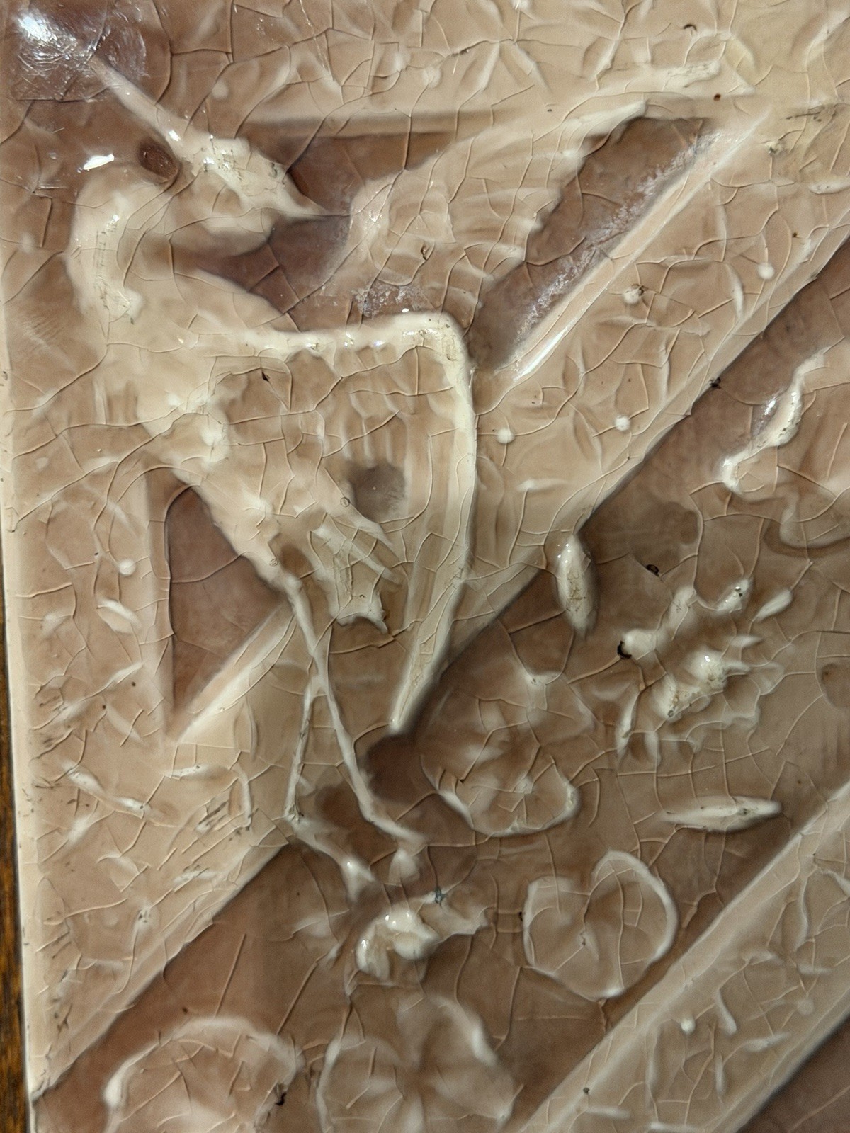ANTIQUE SIGNED TRENT POTTERY CERAMIC DUSTY PINK TILE WITH HERONS & LILIES 6 1/8”