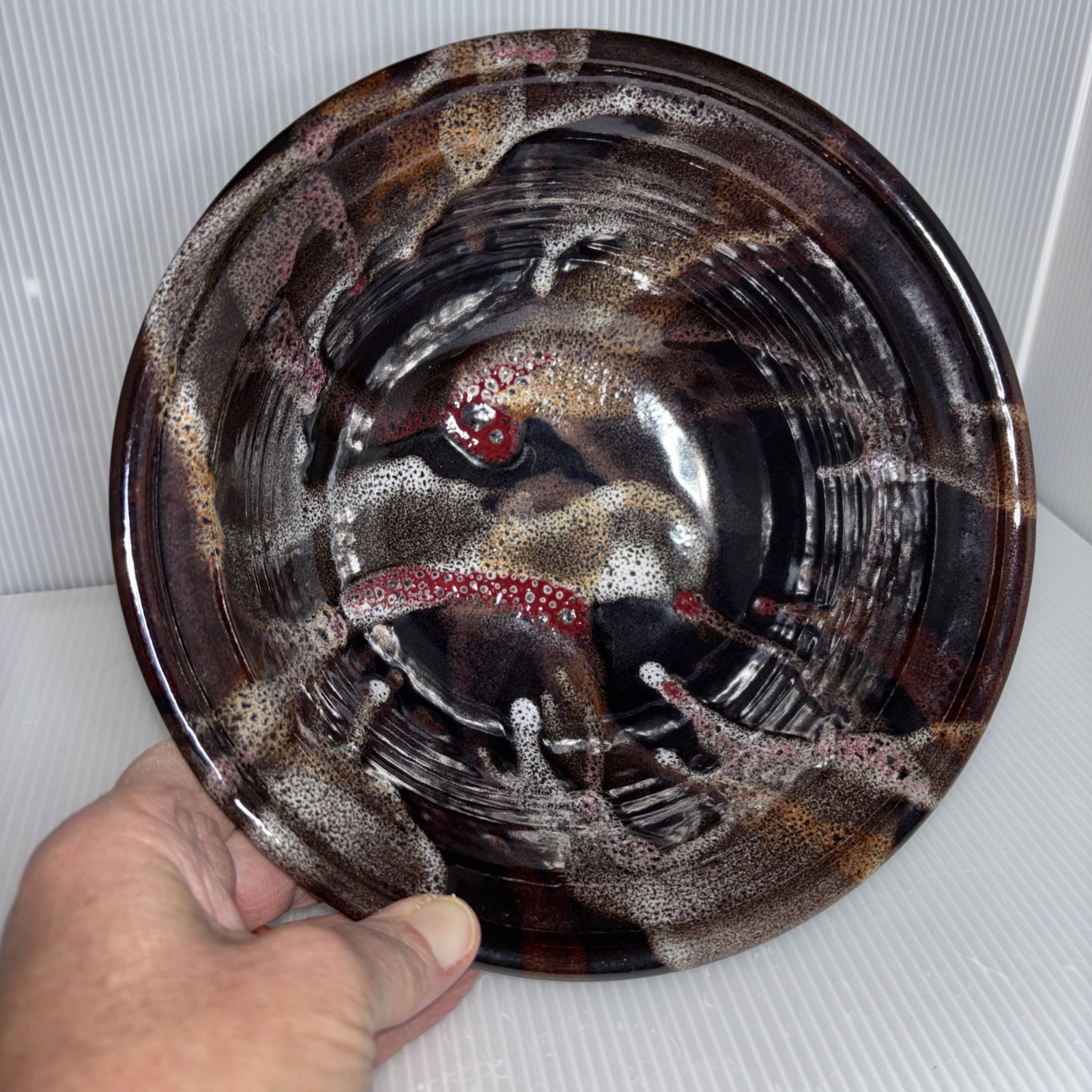 Rare Earth Pottery Bowl Drip Glaze Browns, Red, White 8” x 3.5”
