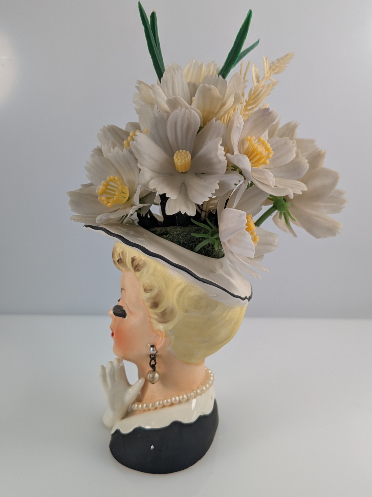Vintage Lady Head Vase Hand Glove Lashes Original Plastic Flowers & Jewelry