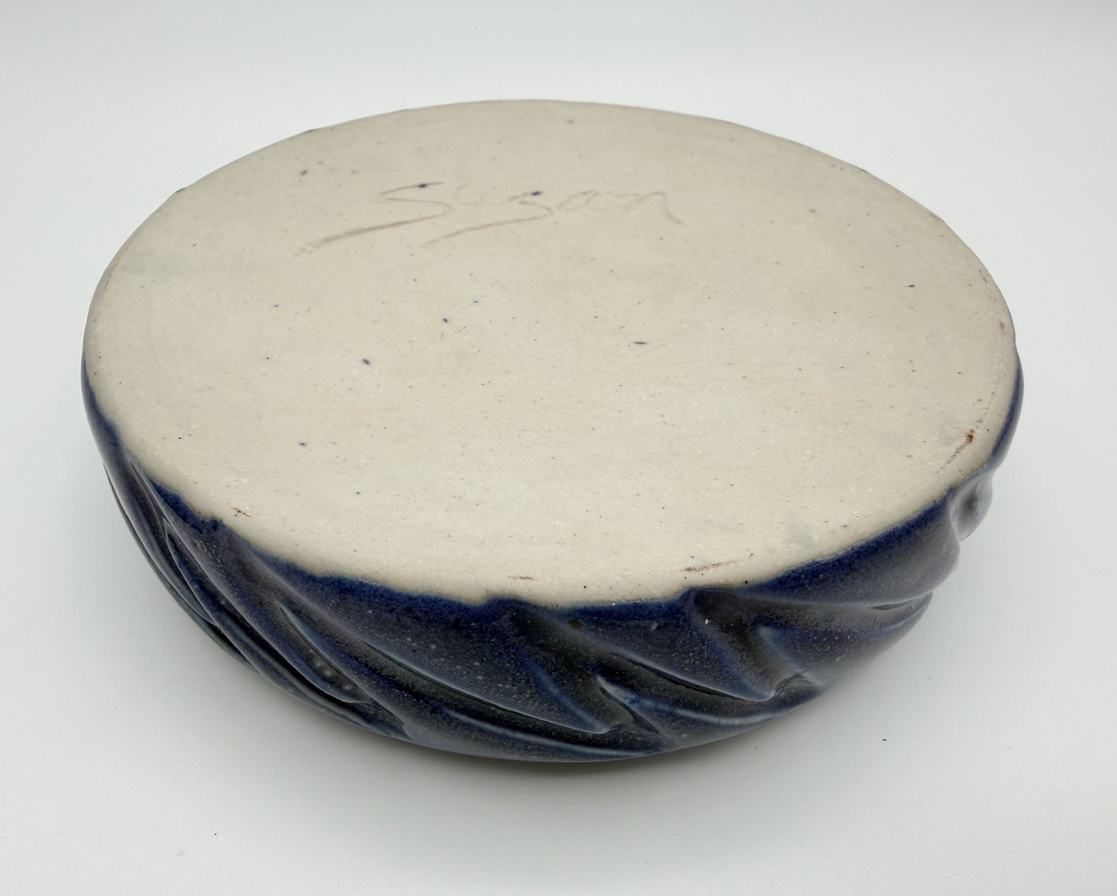 Studio Art Pottery Blue Glazed Lidded Trinket Box with Fish 4.5” Signed Susan