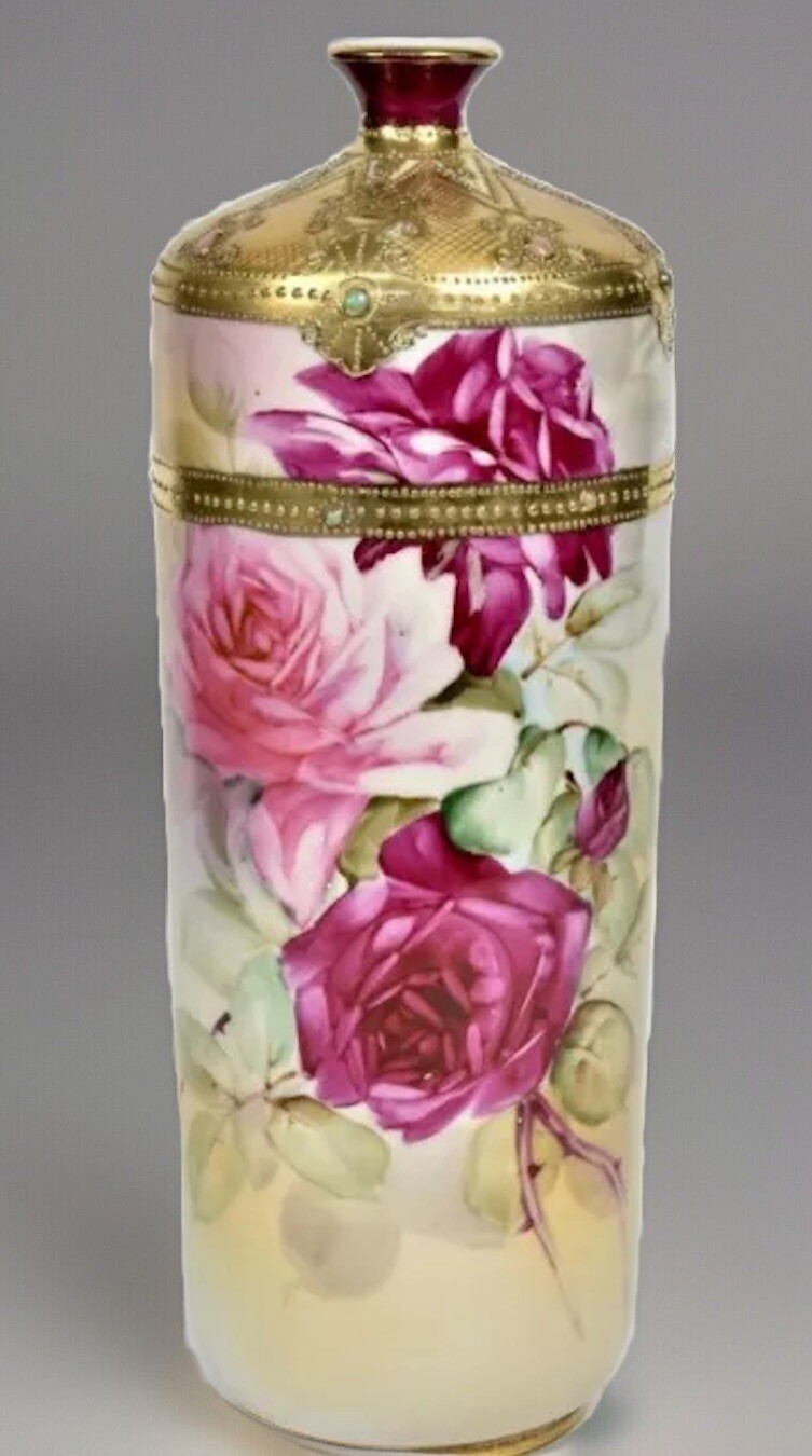Antique Nippon Vase Jeweled Gold Cabbage Roses Bottle Shape 10.5” RARE SHAPE