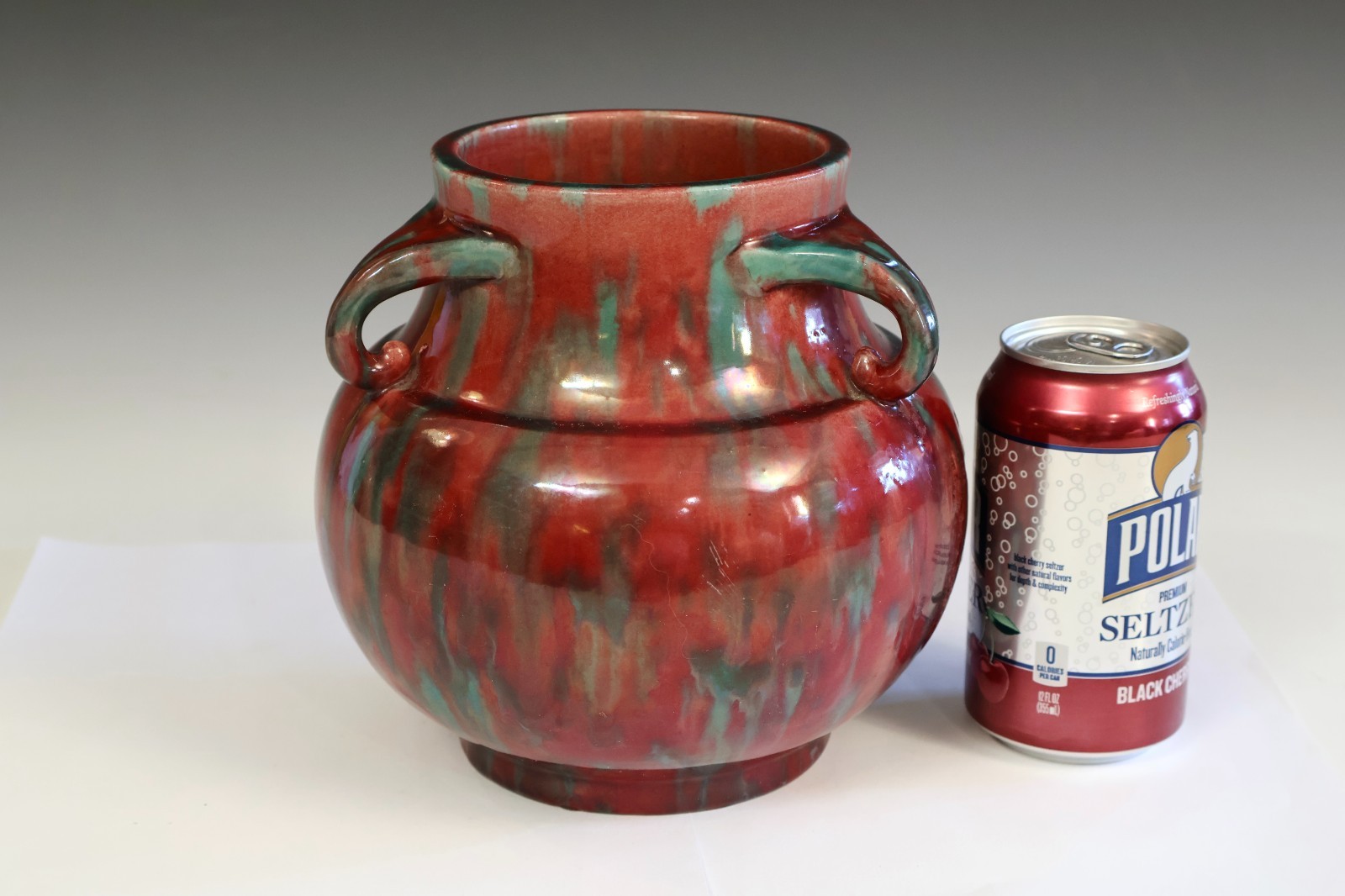 Awaji Pottery Art Deco Vintage Three Handle Vase Red Blue Flambe Signed