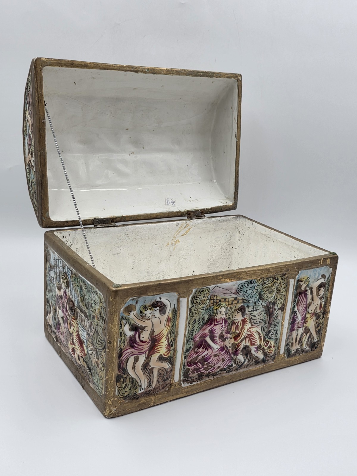 Rare Antique 19th C Large Capodimonte Gilded Porcelain Jewlery Box hand painted.