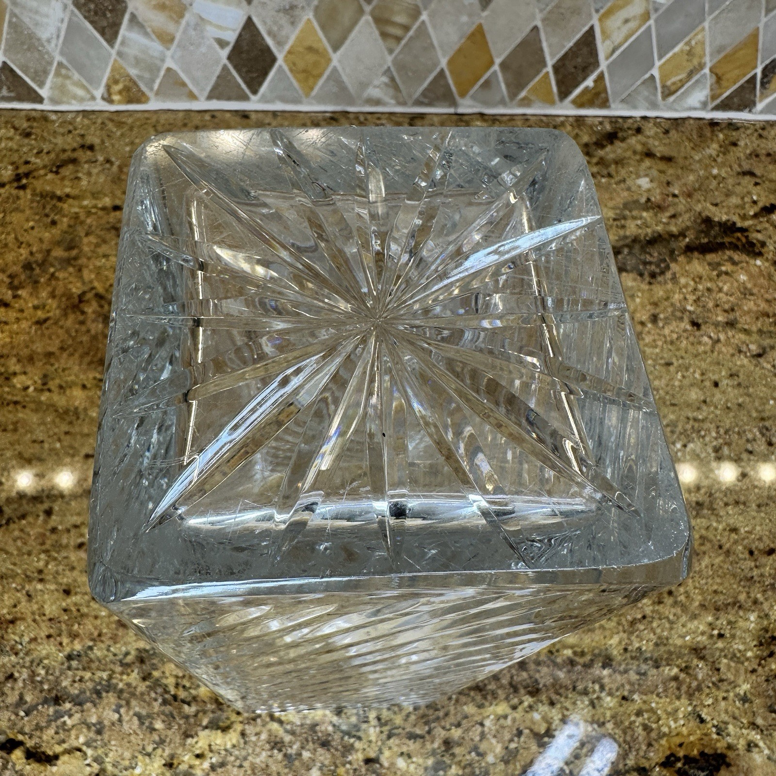 ACC Crystal Square Cut Vase 10.5 in Poland Thick Diagonal Lines 4 In Diameter