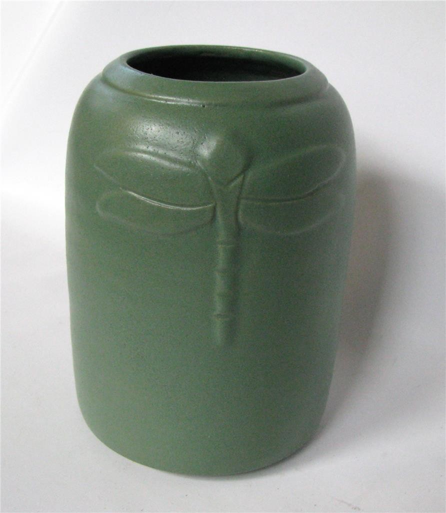 Studio Art Pottery Arts and Crafts style Matte Green Vase Dragonfly 5″ signed