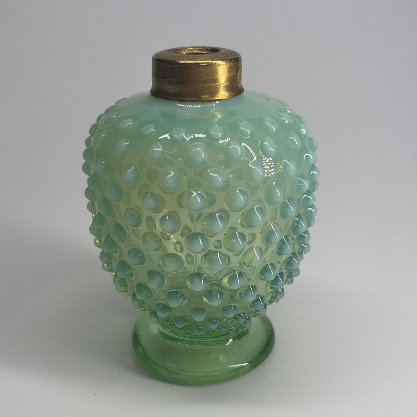 Fenton DeVilbiss Hobnail Perfume Bottle 3.5″ Green Opalescent Uranium Glass Glow