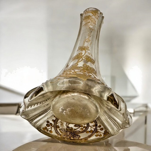 Moser Harrach Bohemian 10″ VASE Clear w Raised Gold & Enamel Grapevine Antique