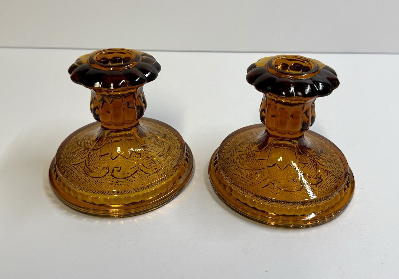 Set Of 2 Vtg Tiara Amber Scroll & Scalloped Taper Candle Holders Indiana Glass