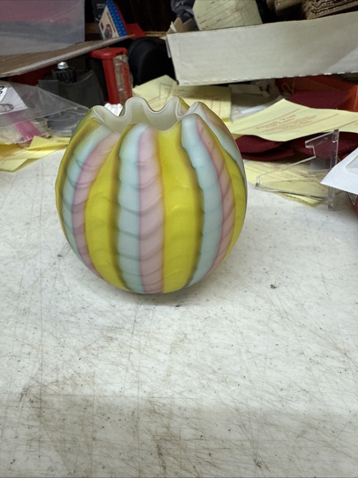 Satin glass Herringbone Rose Bowl 3.25 inches tall; pink, yellow, blue