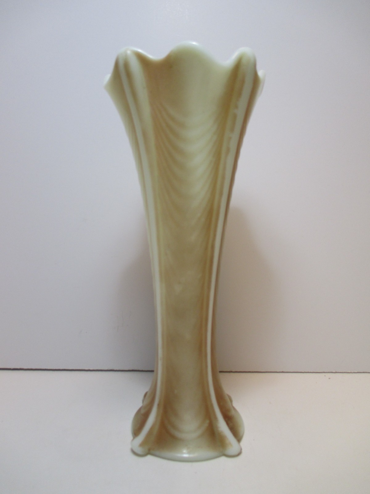 Antique Northwood Uranium Custard Pair of Swung Vases Nutmeg Stained Drapery