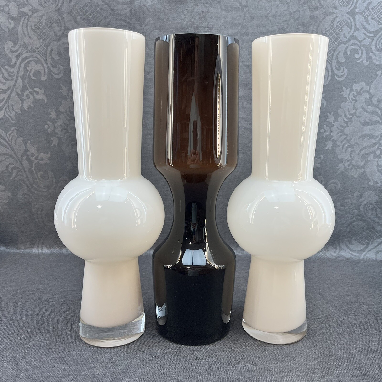 ONE White Modernist 14” Cased Glass Vase Danish Modern Scandinavian Style Hooped