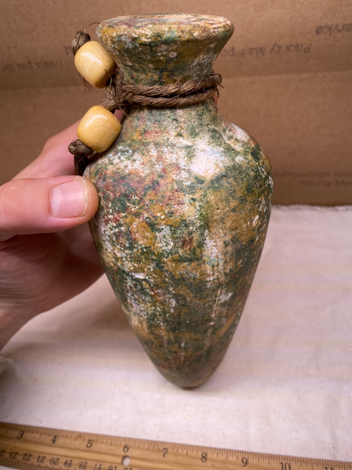 Ceramic Pottery Clay vase urn Earth tone Amphora rope bead vintage