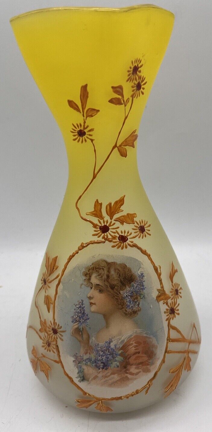 Antique Bohemian or French Glass Portrait Vase Enamel Victorian Flowers