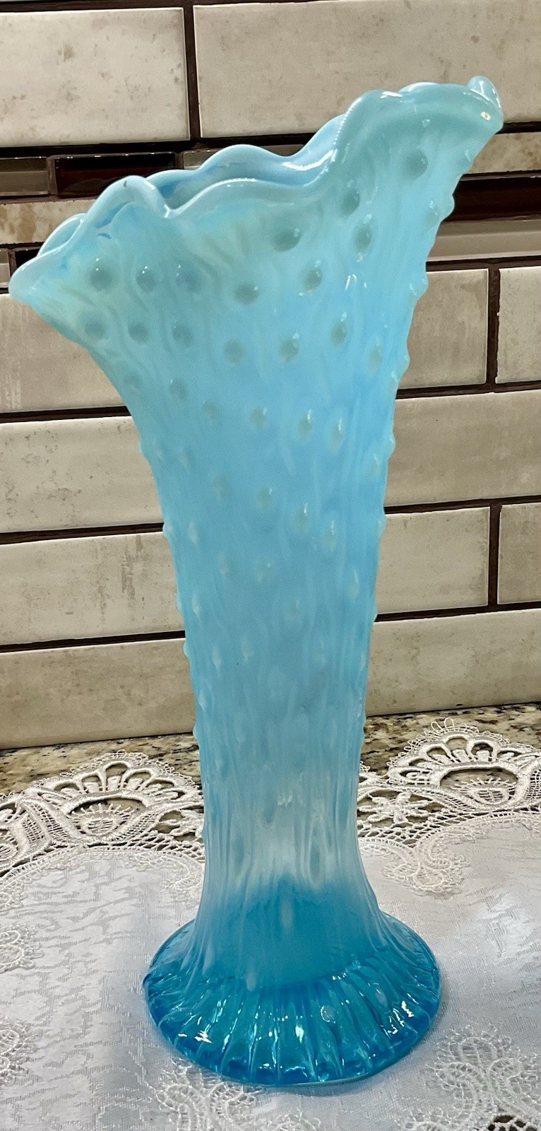 Vintage Northwood Swung Glass Vase Blue Opalescent Aqua Tree Trunk Antique 1900s