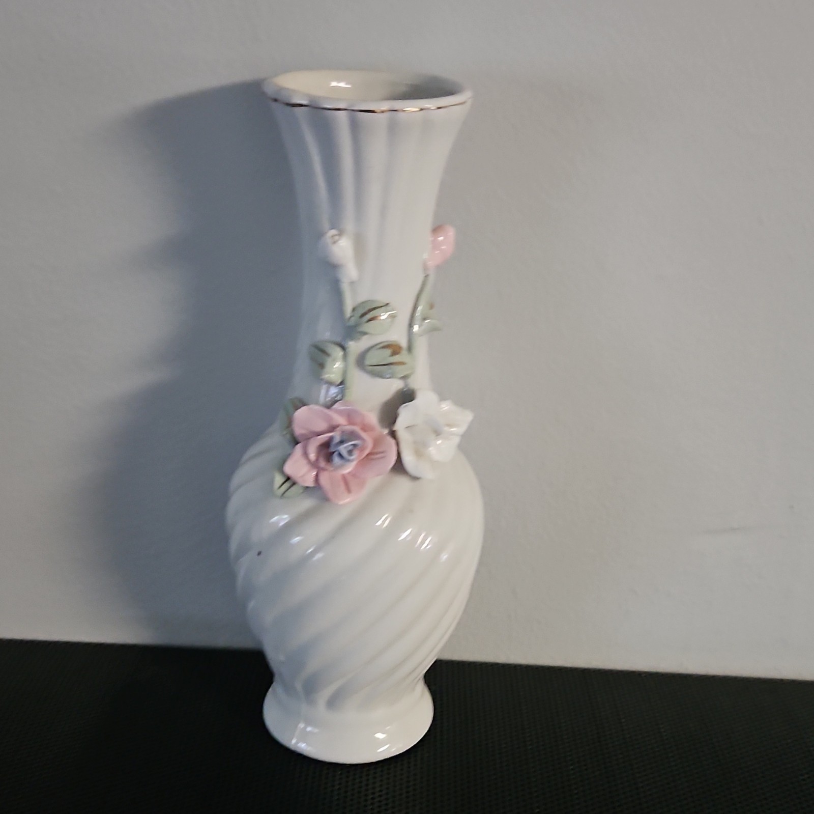 Vintage Pink Floral Vase Applied Flowers Glossy Decorative China