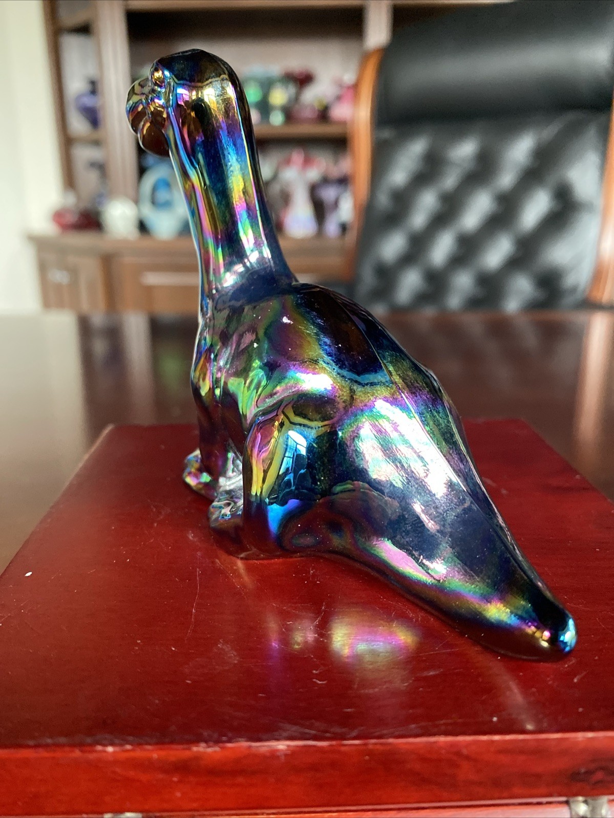 Wonderful Fenton Smoked Carnival Glass Dinosaur/Brontosaurus 3.5”. Ex Condition