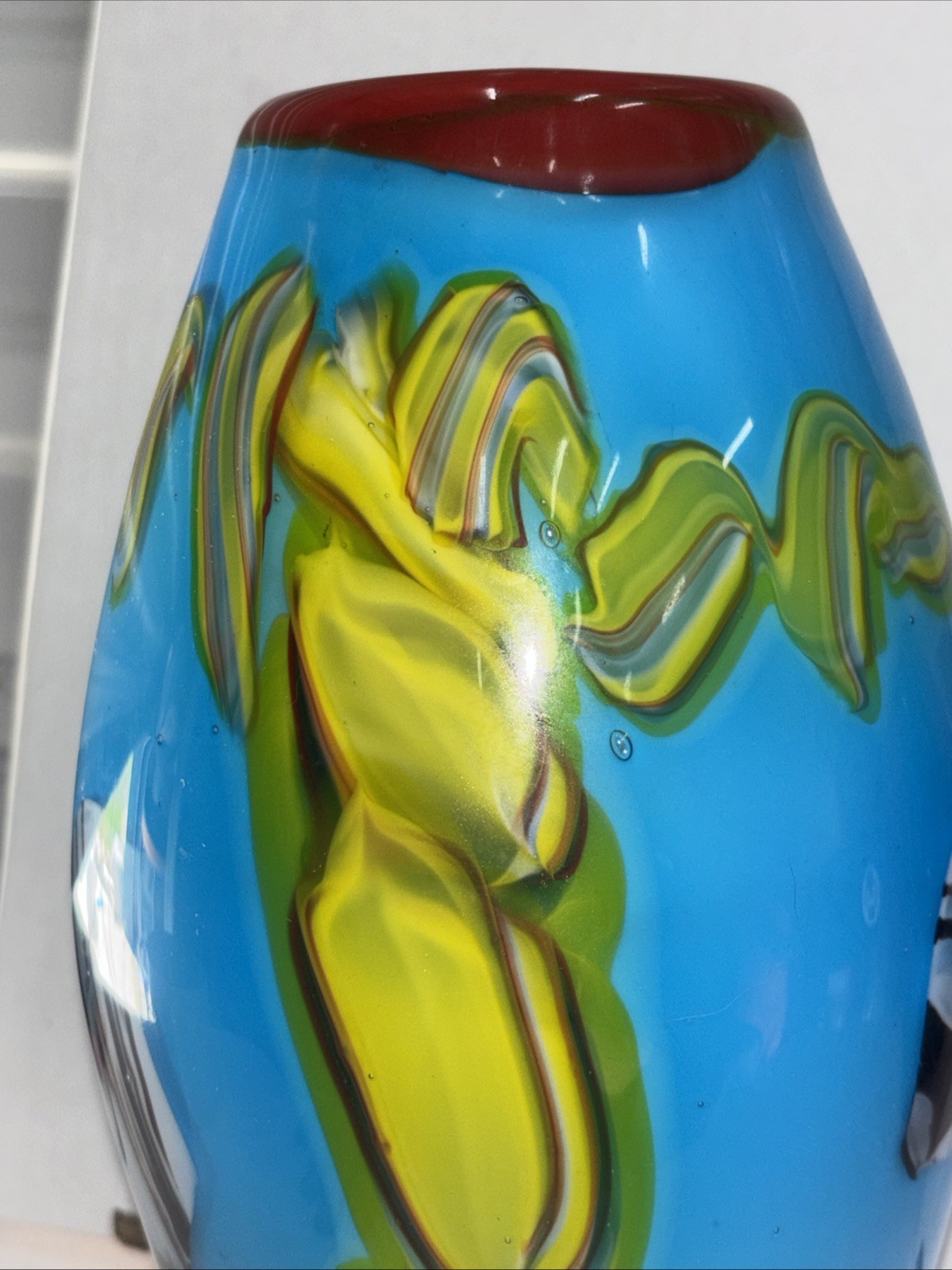 Lovely Murano Style Hand Blown Art Glass Oval Vase Blue Green Abstract 10 3/4”