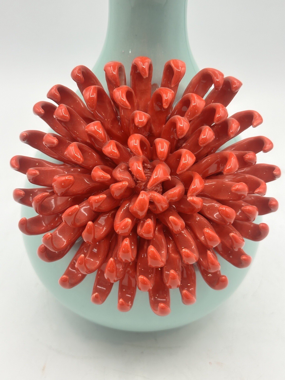 Celadon Glaze Vase By Anthropologie With Large International Orange Dahlia