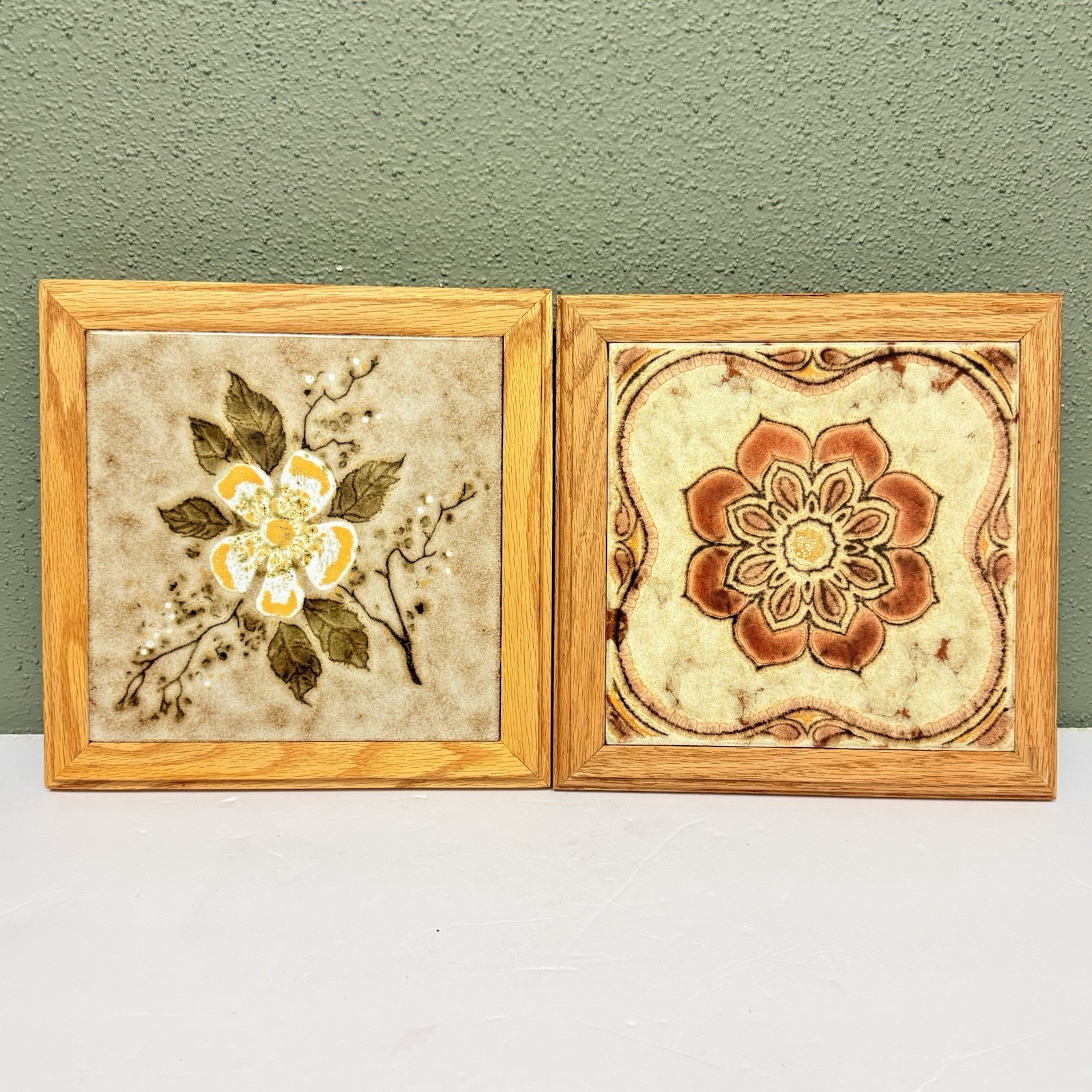 1970s Italian Floral Tile Trivet Wood Frame Ceramic Terracotta 10×10 Vintage MCM
