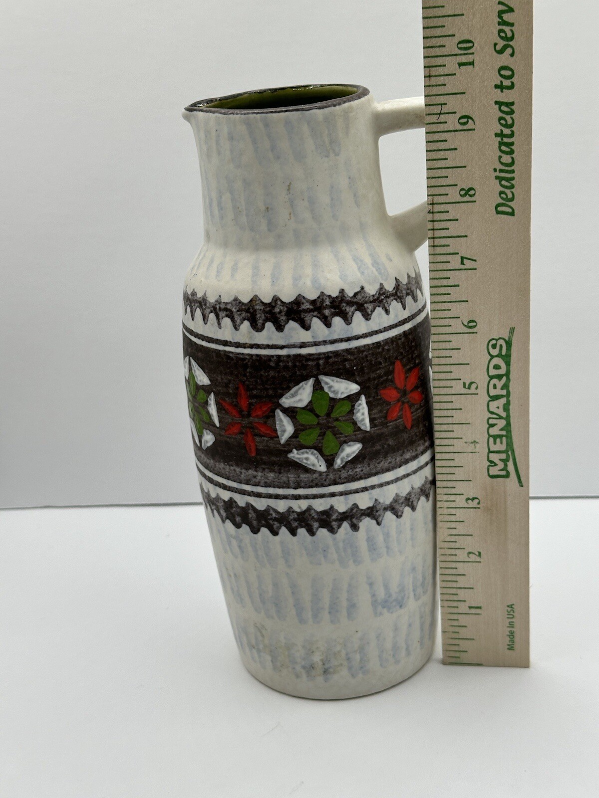 Jasba Vase West German Pottery Red Green Brown Christmas Folk Art Pitcher MCM