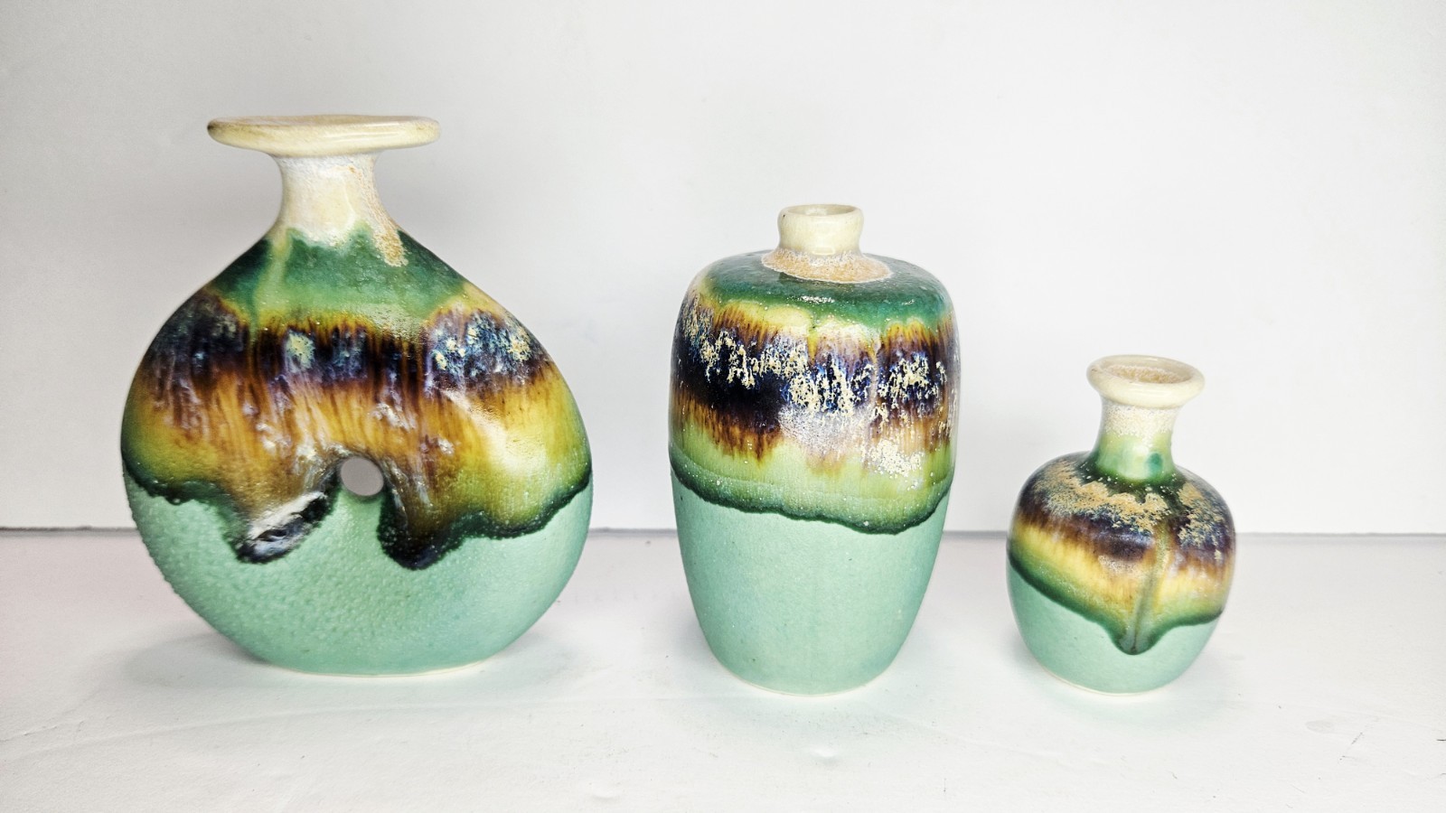 Vintage Mini Studio Art Pottery Vase Set of 3 Turquoise Drip Glaze MCM Decor 4″