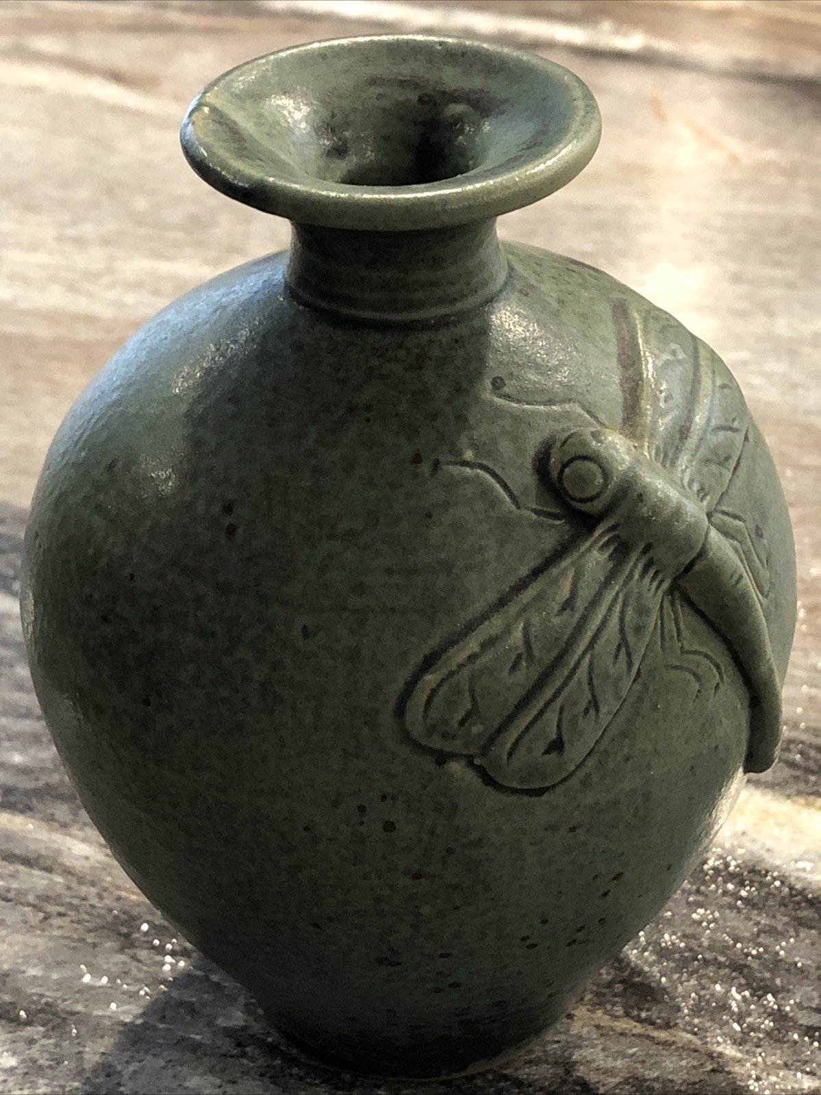 Indonesian Art Pottery Green Dragonfly Vase No Cracks No Chips No Issues