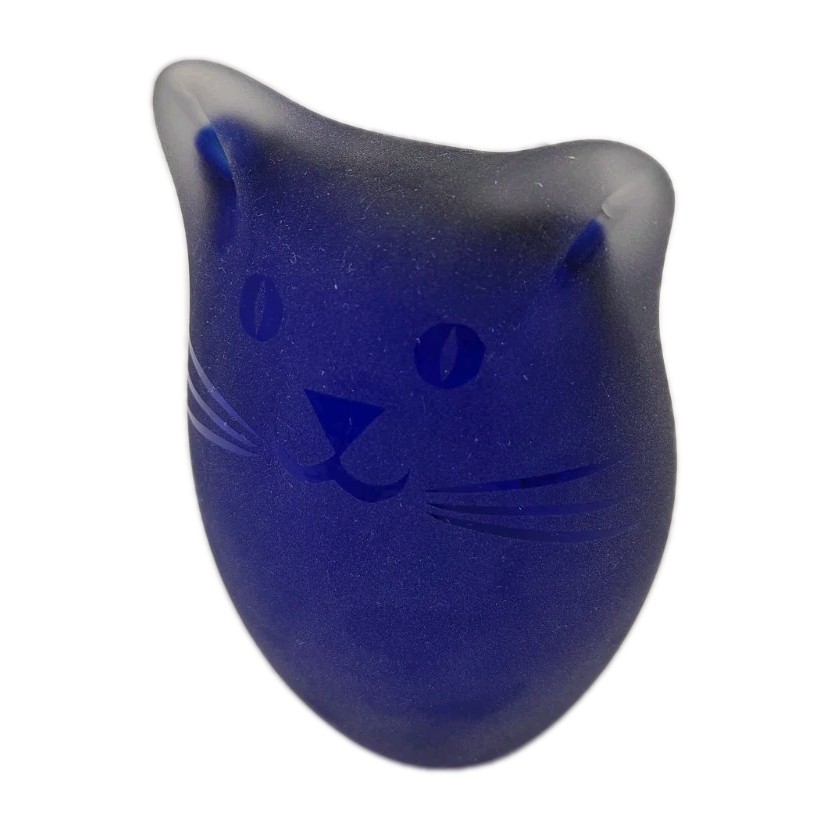 Vintage Art Glass Cat Sculpture Signed Janette Kennedy Cobalt Blue Frosted