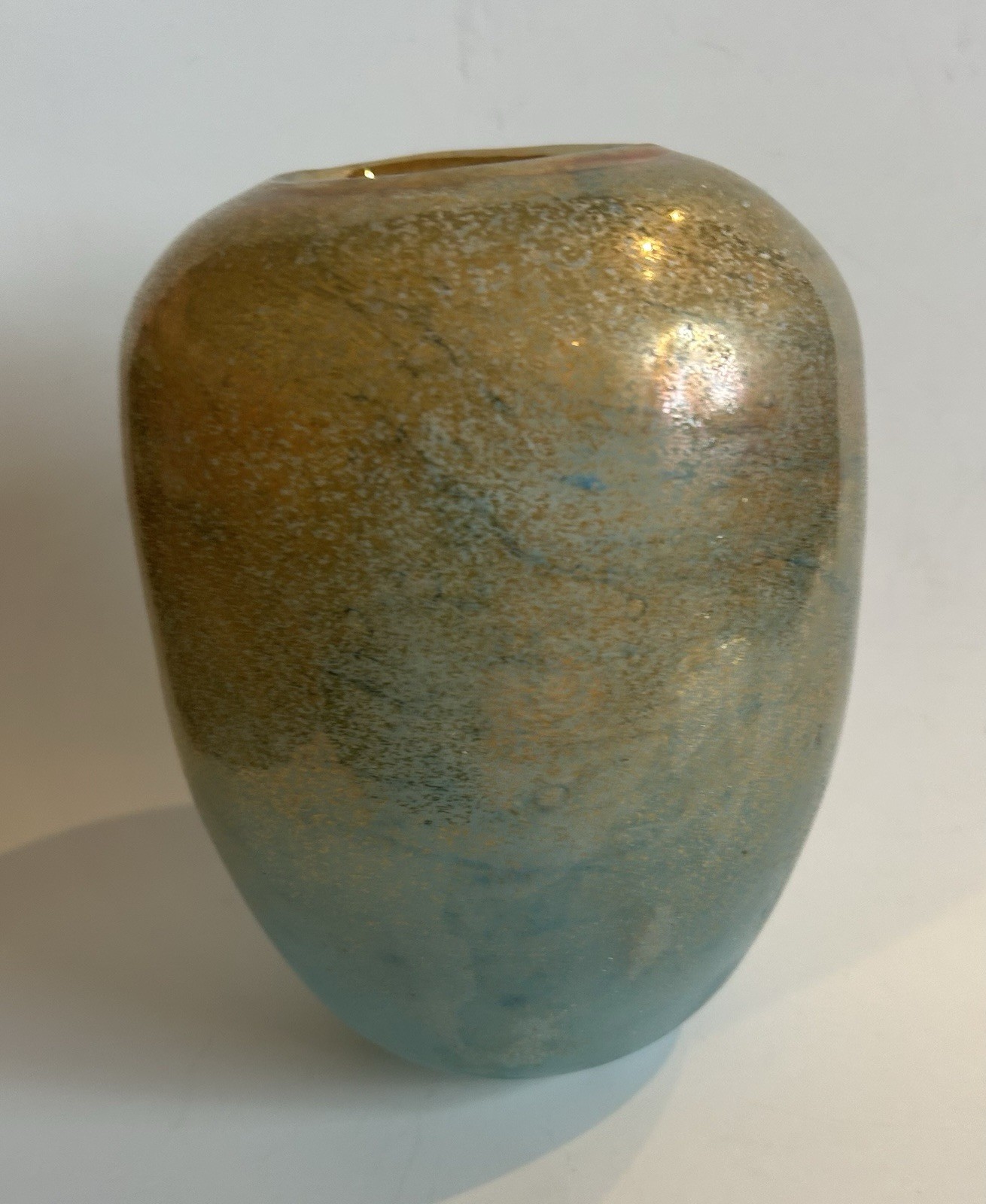 Iridescent Art Glass Vase Handmade Vintage Gold, Turquoise 7.5”x2.5” Opening