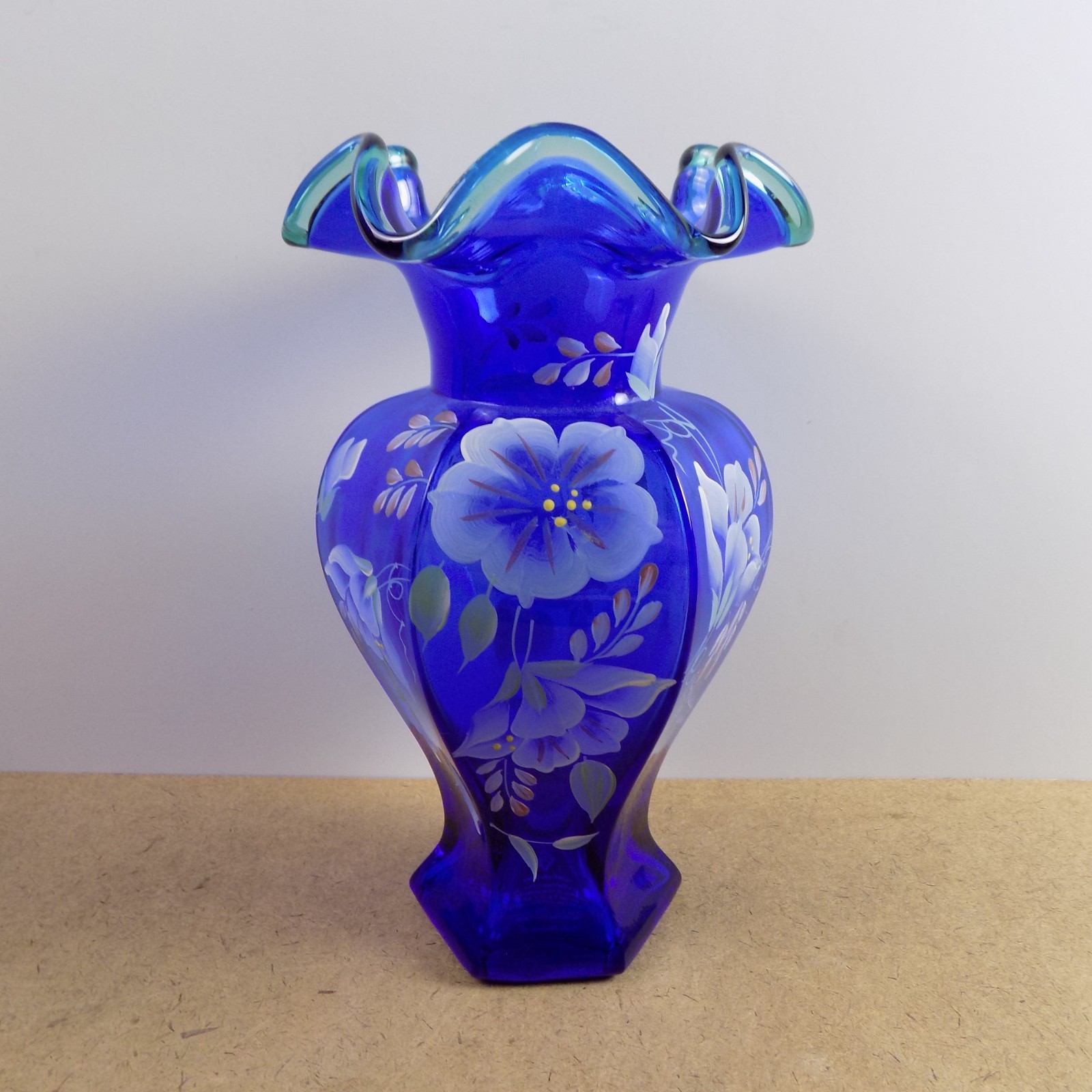 Fenton Cobalt Glass Vase Hand Painted 75th Celebration Vase 9.5″ Tall VGC