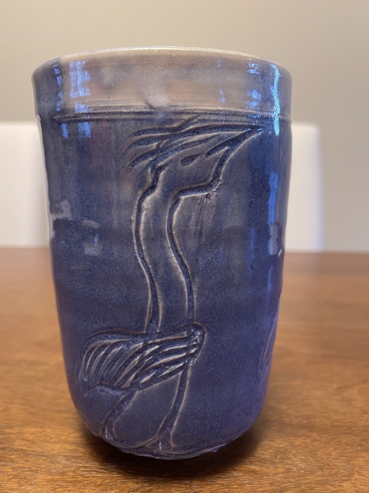 Blue Heron Ceramic Pottery Vase 6 1/2” Hand Carved Birds
