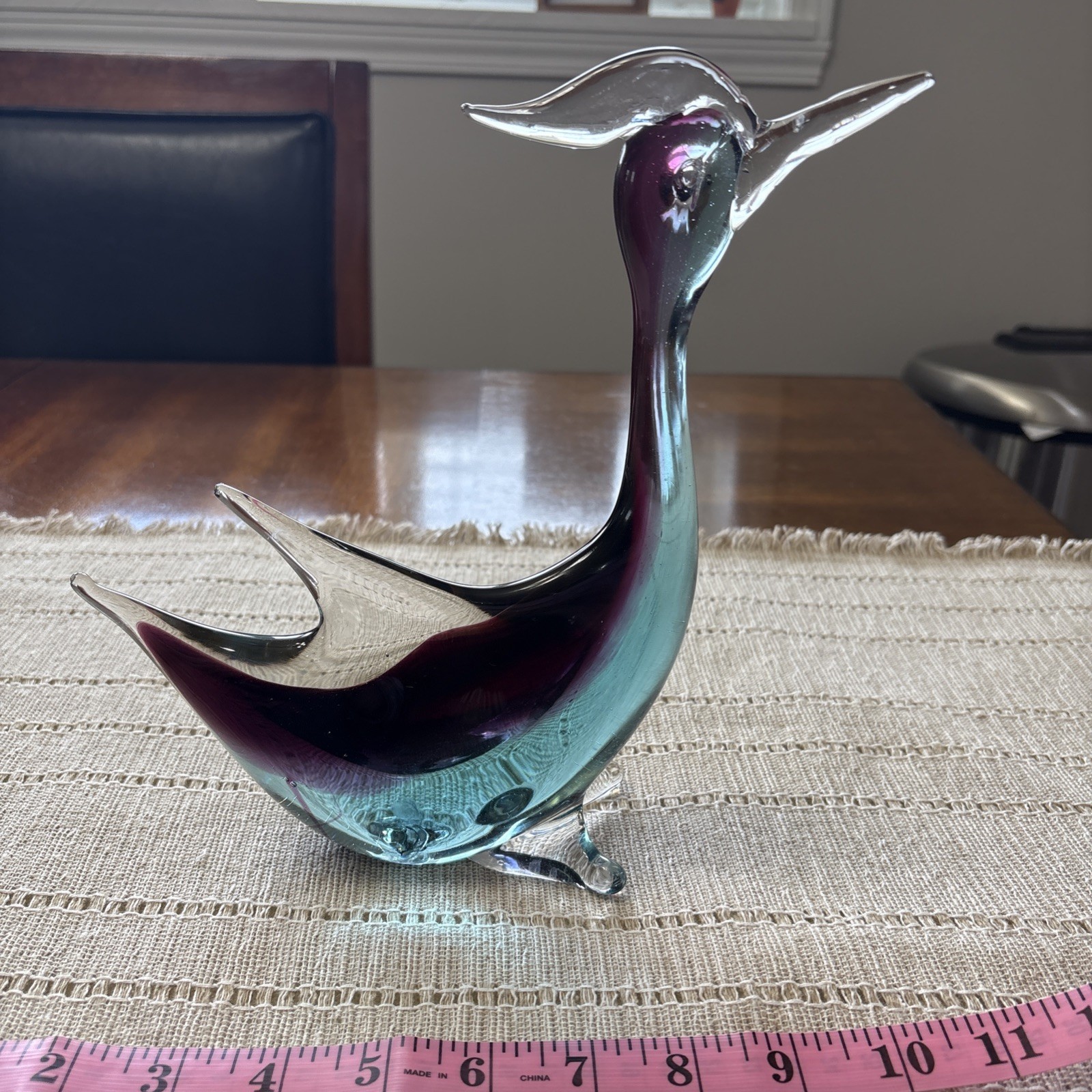 Glass Bird Figurine Paperweight Goose Duck Blue Purple Clear Cased