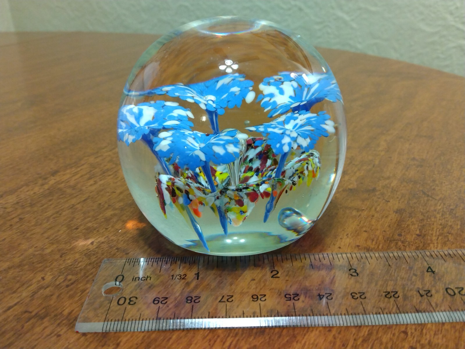 VTG Large Glass Paperweight Artisan Blue Multi-Colored Trumpet Flower Controlled