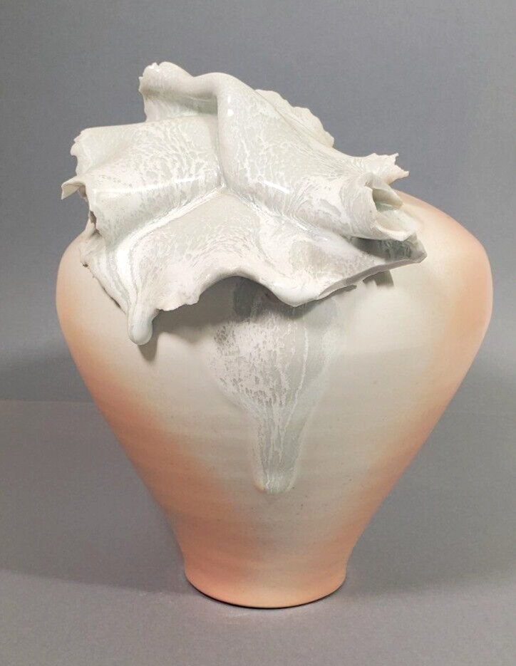 Studio Art Pottery Contemporary Vase Peach Ombre Glaze White Abstract Signed