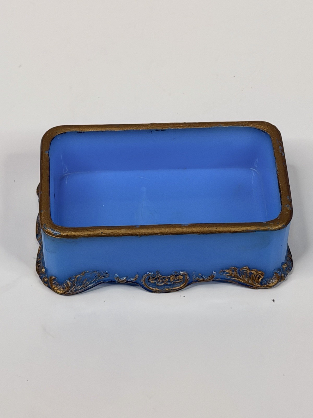 Antique Blue Slag Milk Glass Trinket Cosmetic Box hand painted soap dish