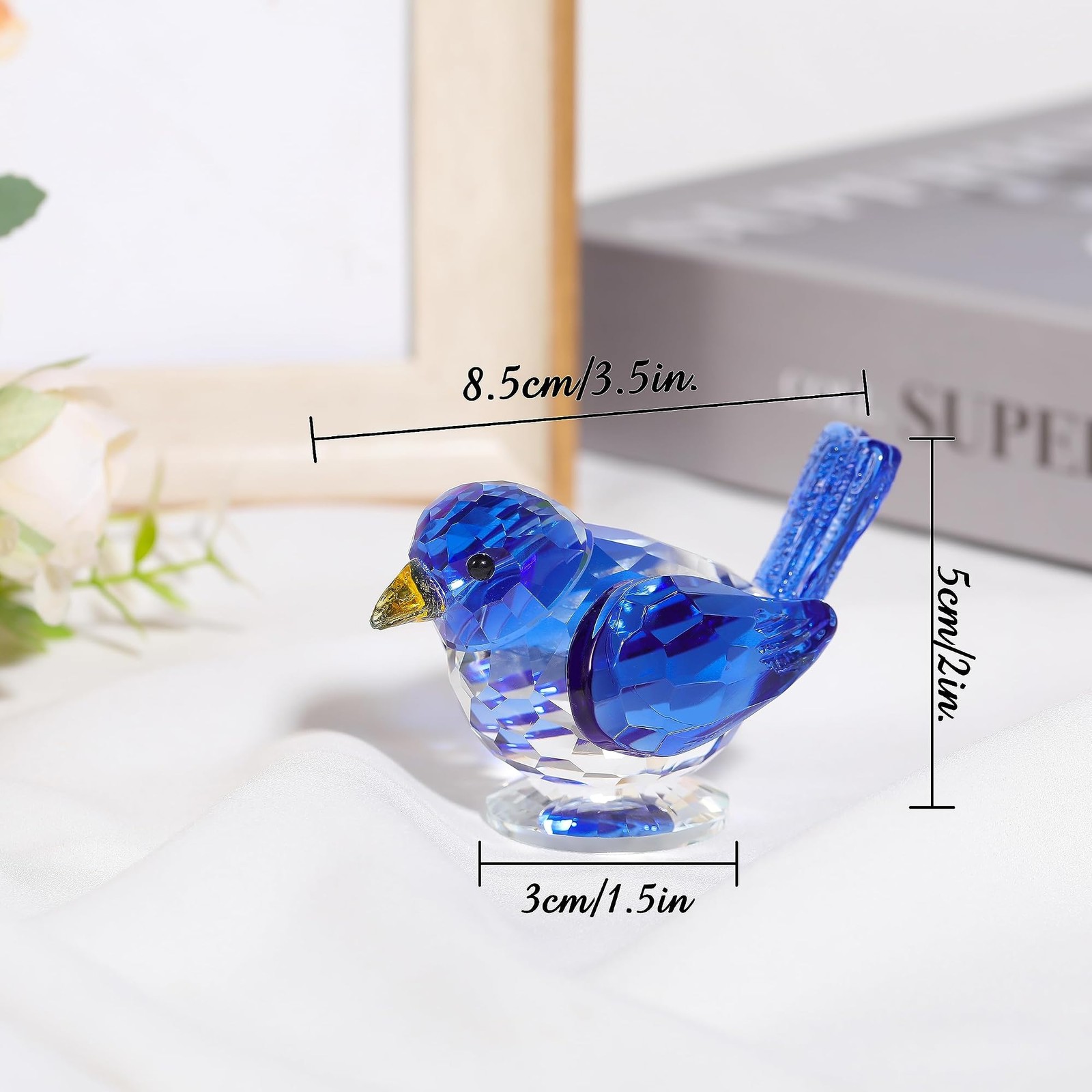 Qianwei Blue Crystal Bird Figurine Collectible Handmade Blown Glass Decor | C…