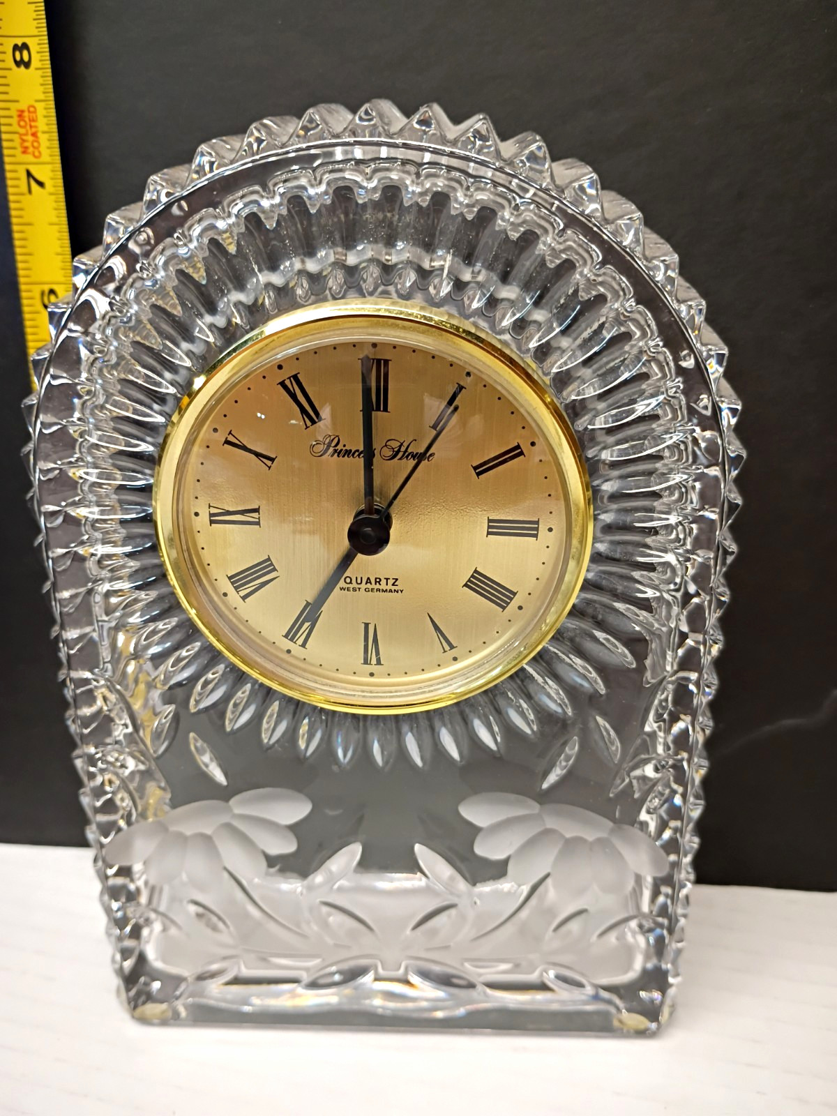 Princess House Clear Glass Arch Desk Clock Quartz Roman Numerals Floral Gold