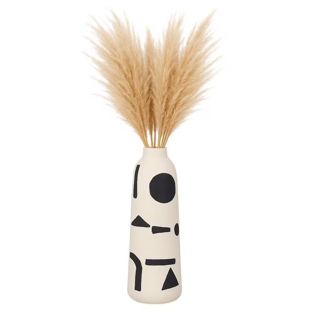 15 In. Ivory Stoneware and Suar Wood round Abstract Funky Decorative Vase