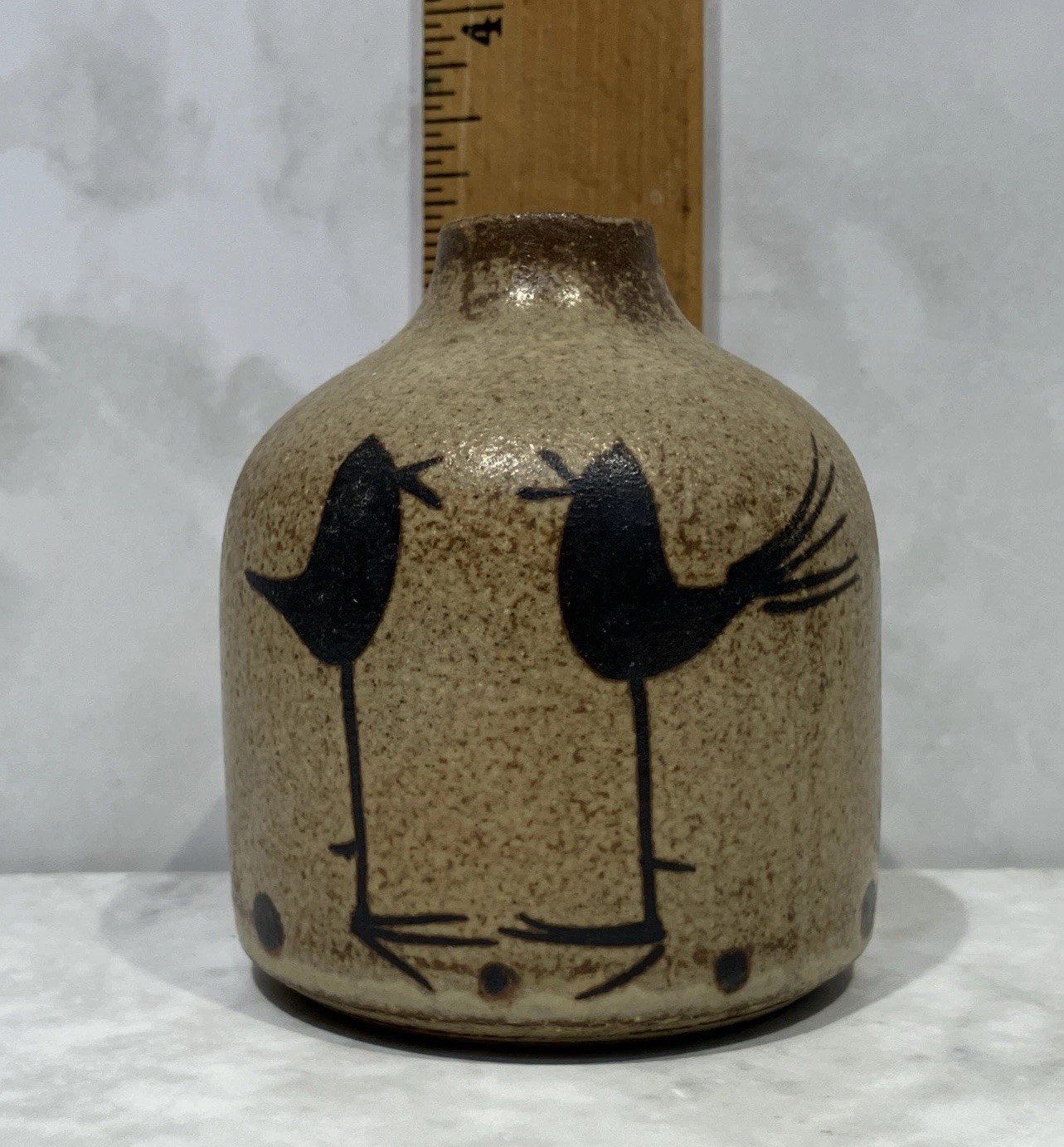 Vintage Otagiri OMC Japan Pottery Small Weed Pot Vase Brown 3″ Birds & Dots