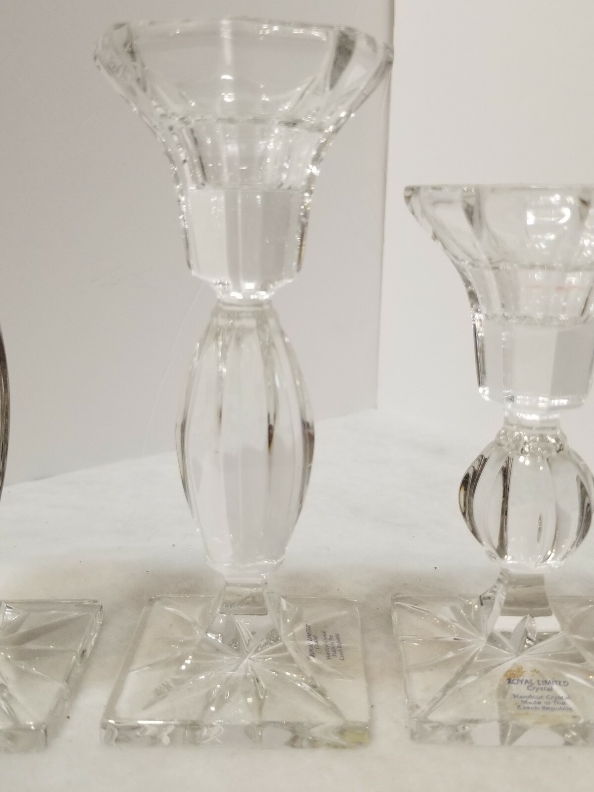 VINTAGE SET OF 3 1995 ROYAL LIMITED CRYSTAL CANDLESTICKS 24% FULL LEAD CRYSTAL