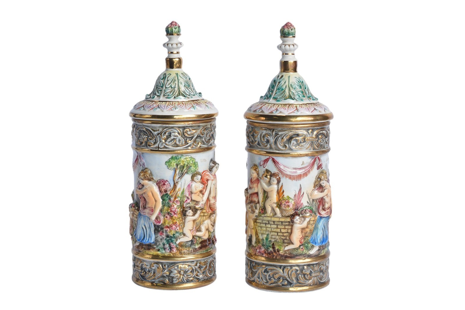 Pair Antique Capodimonte Hand Painted Porcelain Lidded Cherub Urns Italy
